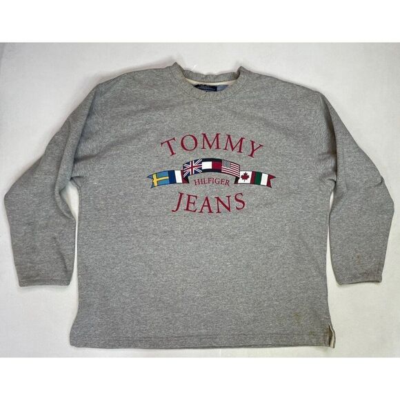 Tommy Hilfiger Jeans Flag Crewneck Sweatshirt Men Adult Medium Gray USA 90s - Picture 1 of 8